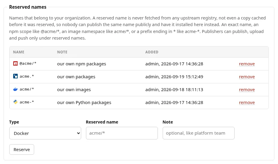 Reserved names for npm, PyPI and Docker