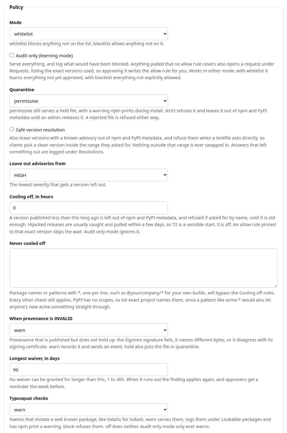 Settings, Policy tab