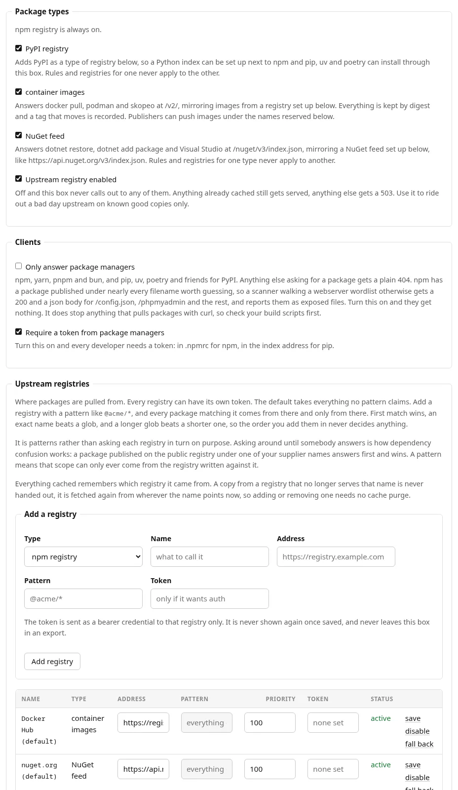 Settings, Registries tab