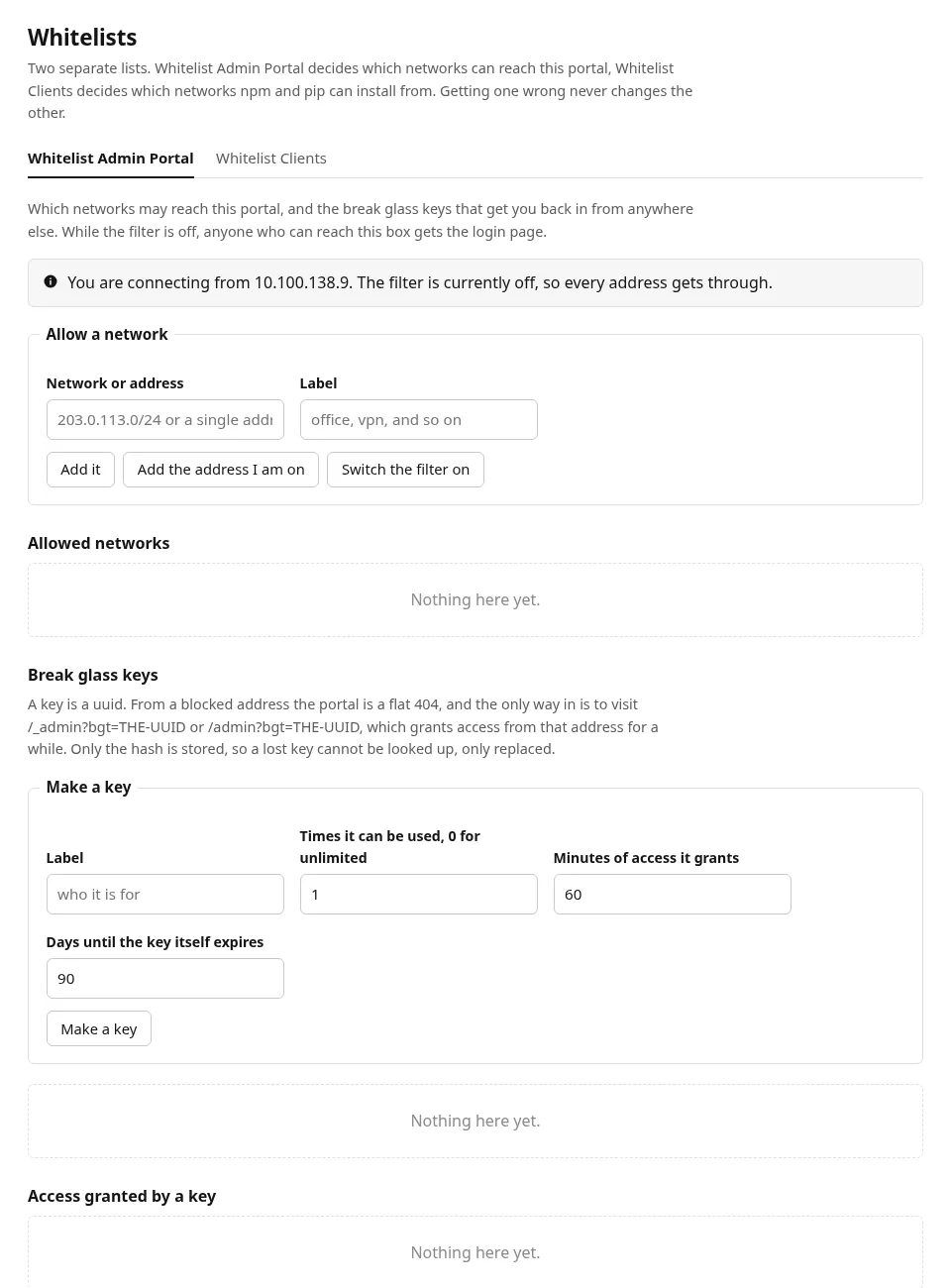 The portal network allow list and break glass keys