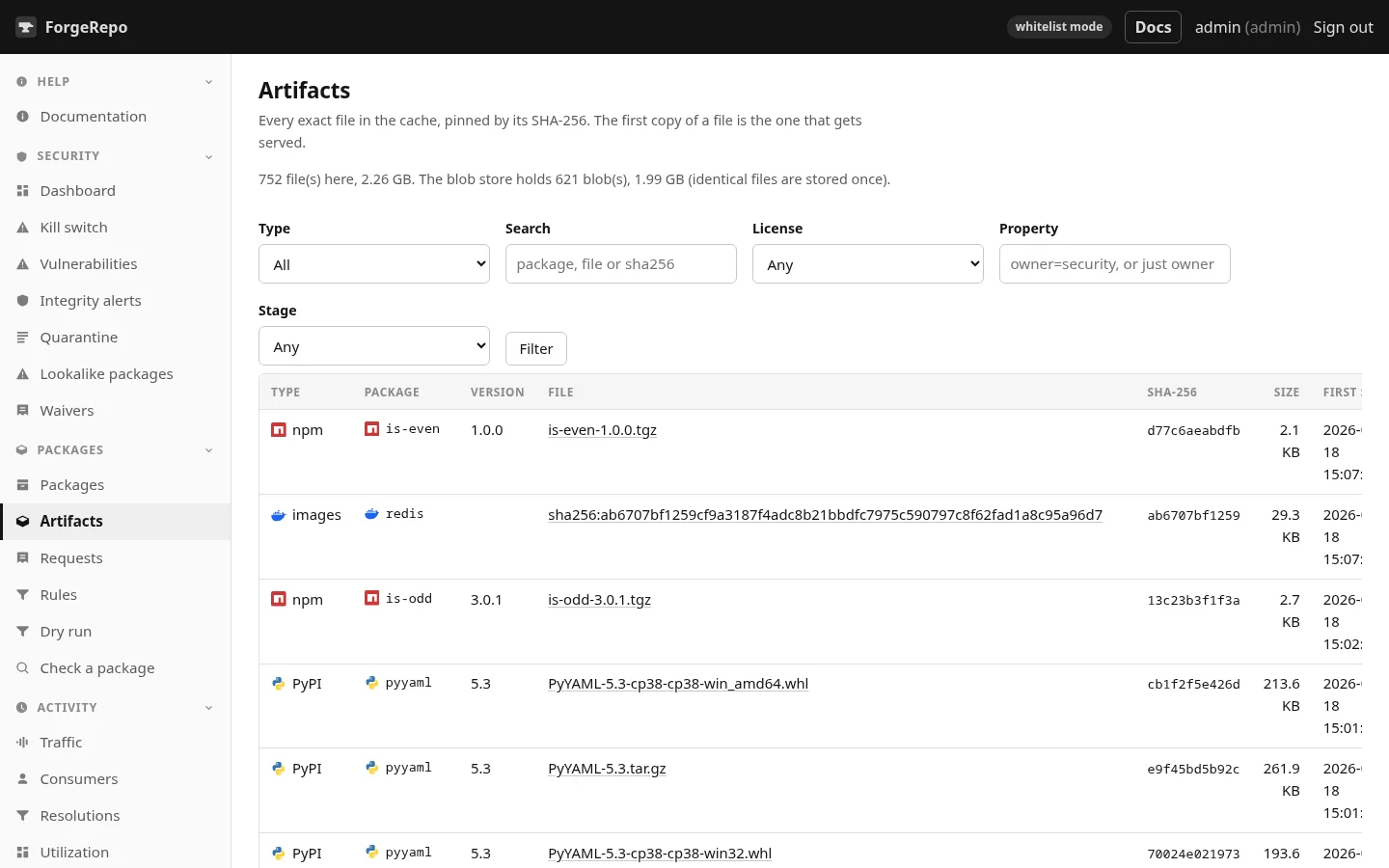 Artifacts. Filter by type, license, property or stage.