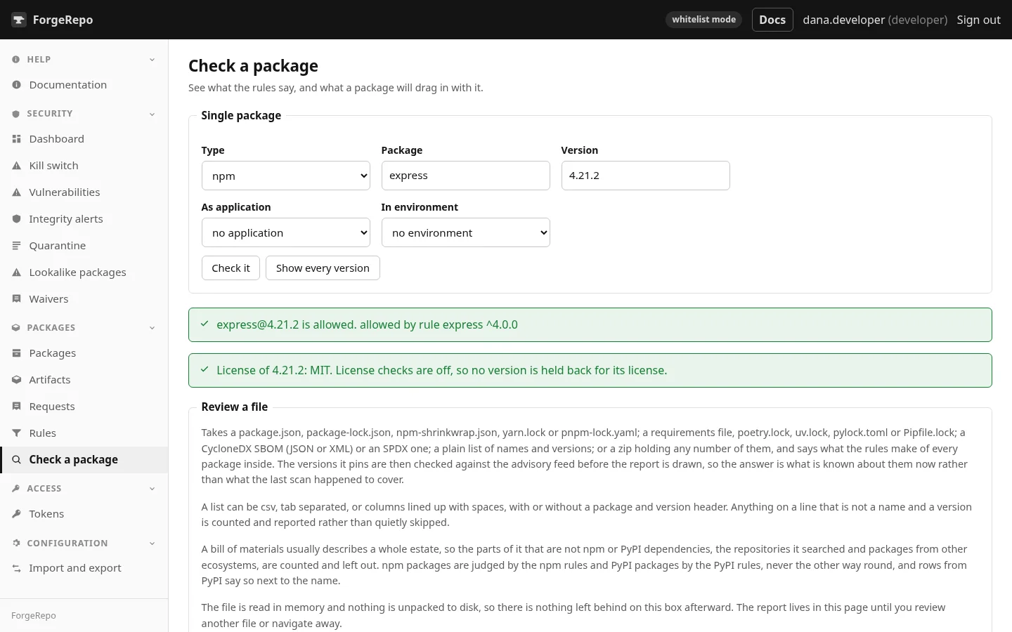 Check a package. What the rules say about a name and version before anybody installs it.