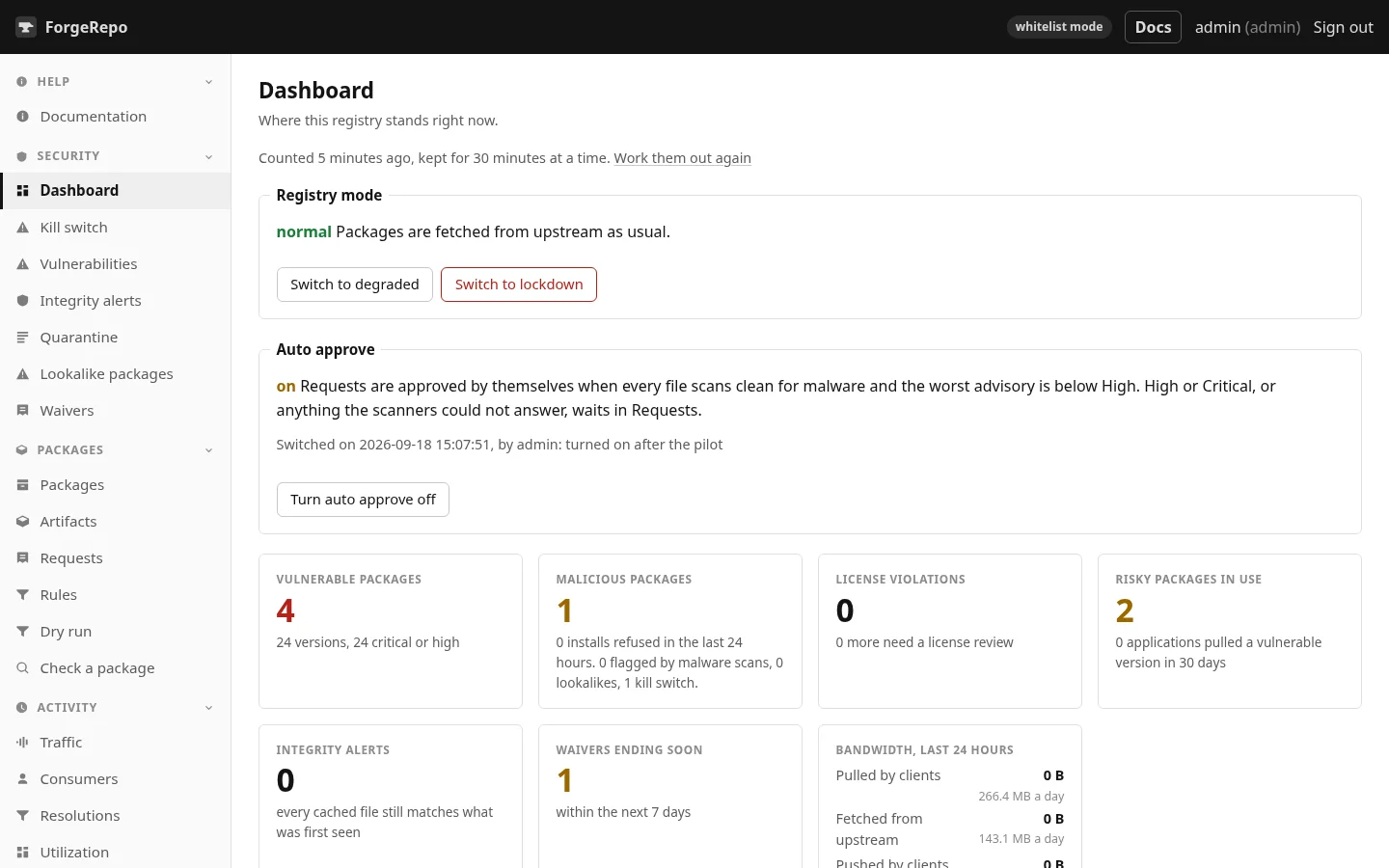 Registry mode sits at the top of the dashboard, with Switch to degraded and Switch to lockdown.