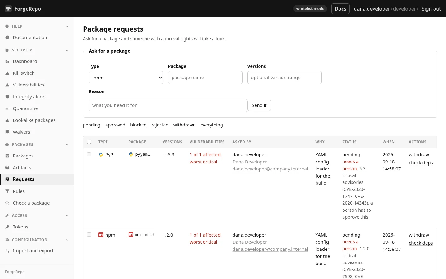 A developer asking for a package, with the state of everything they asked for.