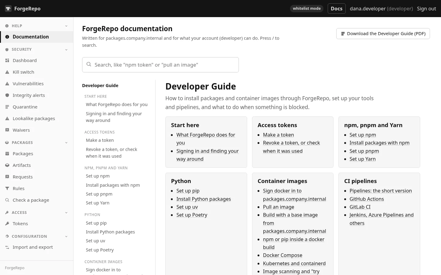 The documentation built into the portal, written for the reader's role.