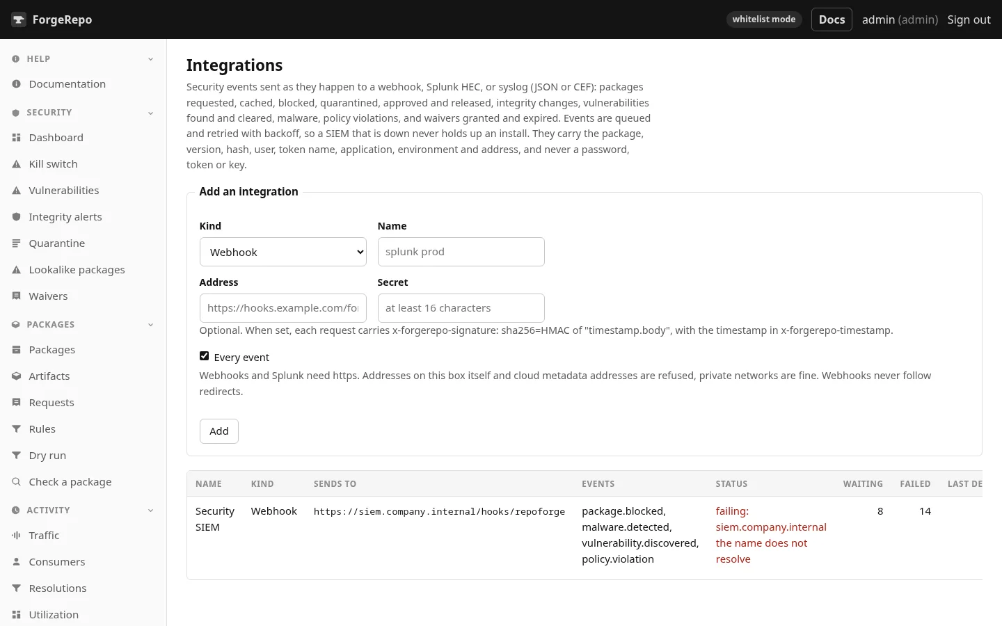 Integrations: a signed SIEM webhook and its deliveries.