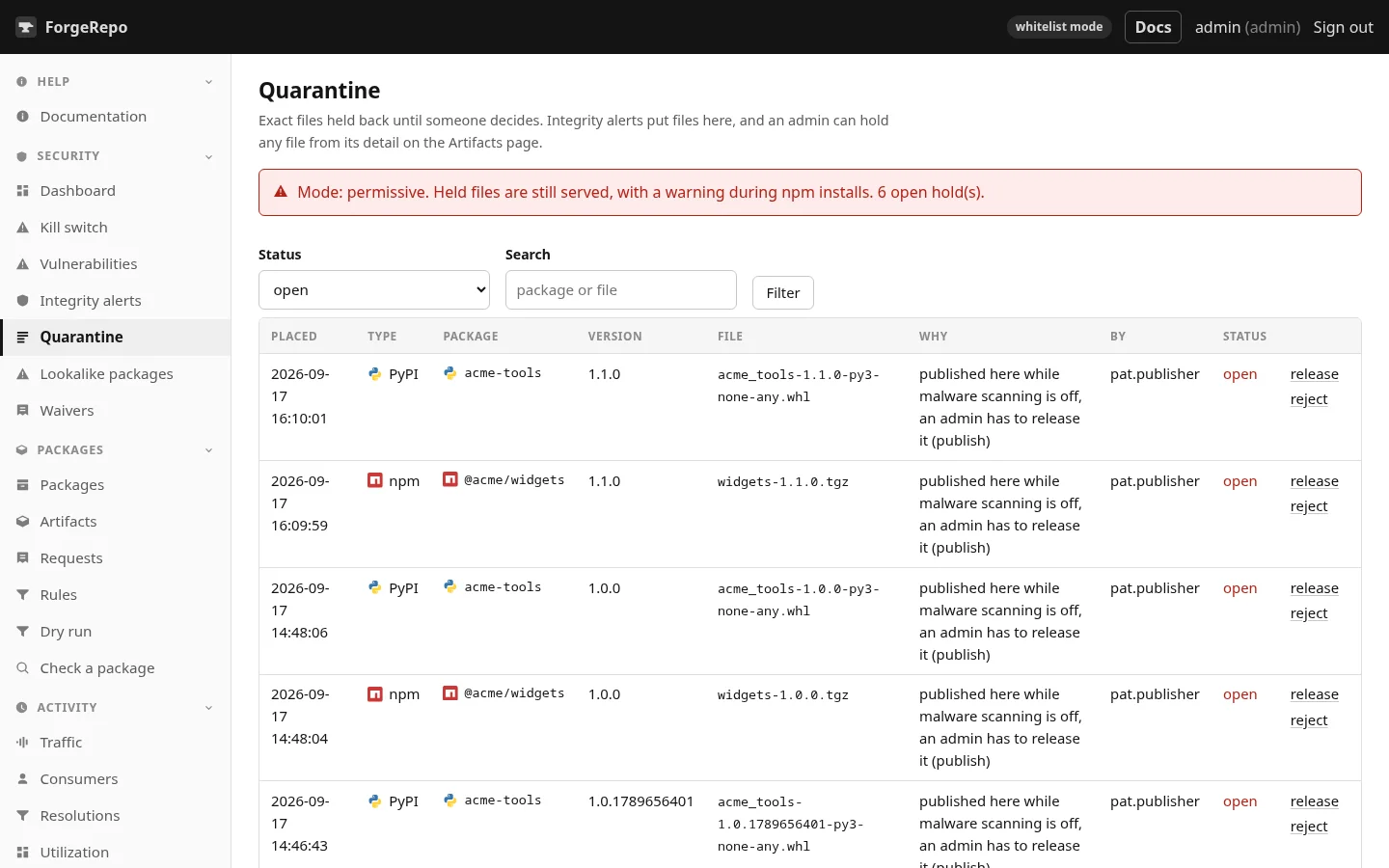 Quarantine. Every held file, why, and release or reject.