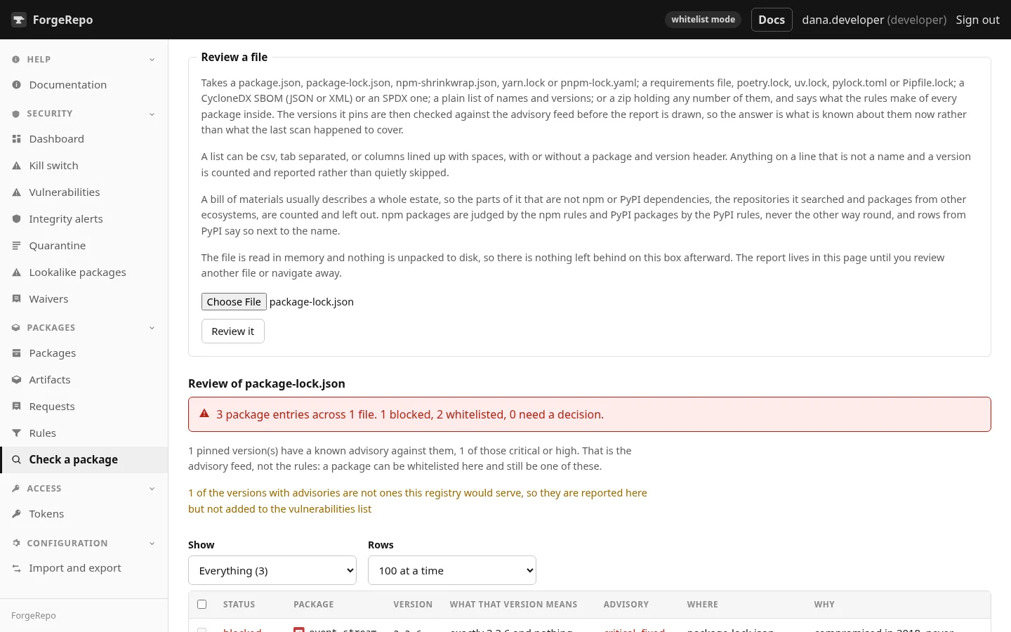 Reviewing a lockfile: every package judged against the rules and the advisory feed.