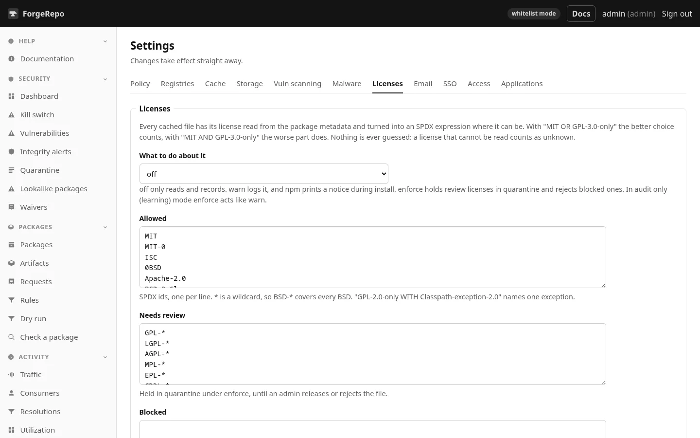 Settings, Licenses: allowed, needs review and blocked, in SPDX.