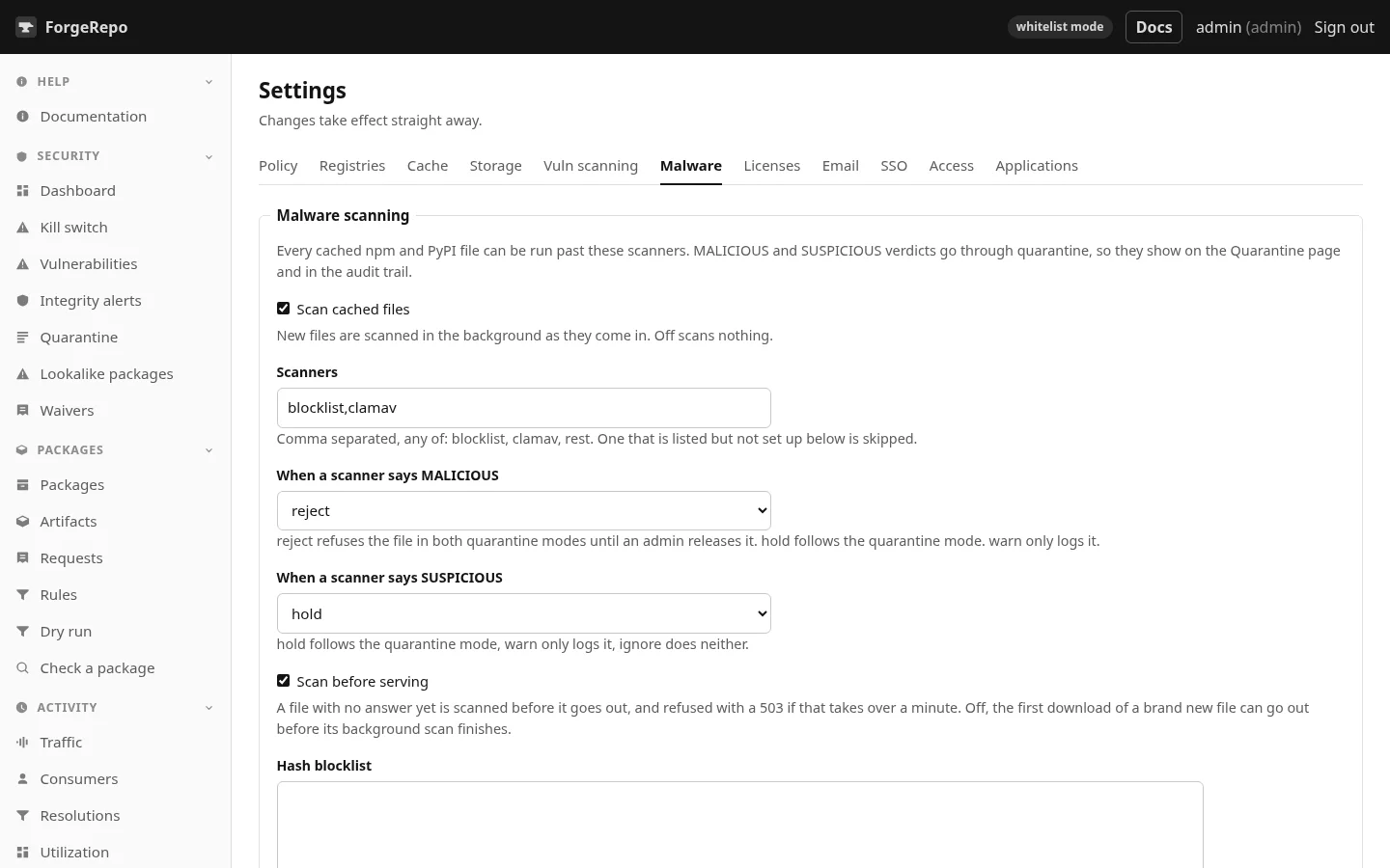 Settings, Malware: scanners, what each verdict does, and scan before serving.