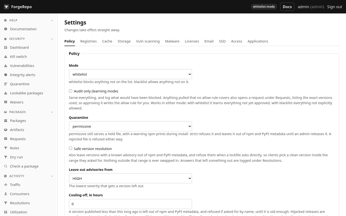 Cooling off, safe version resolution and quarantine mode all sit on the Policy tab.