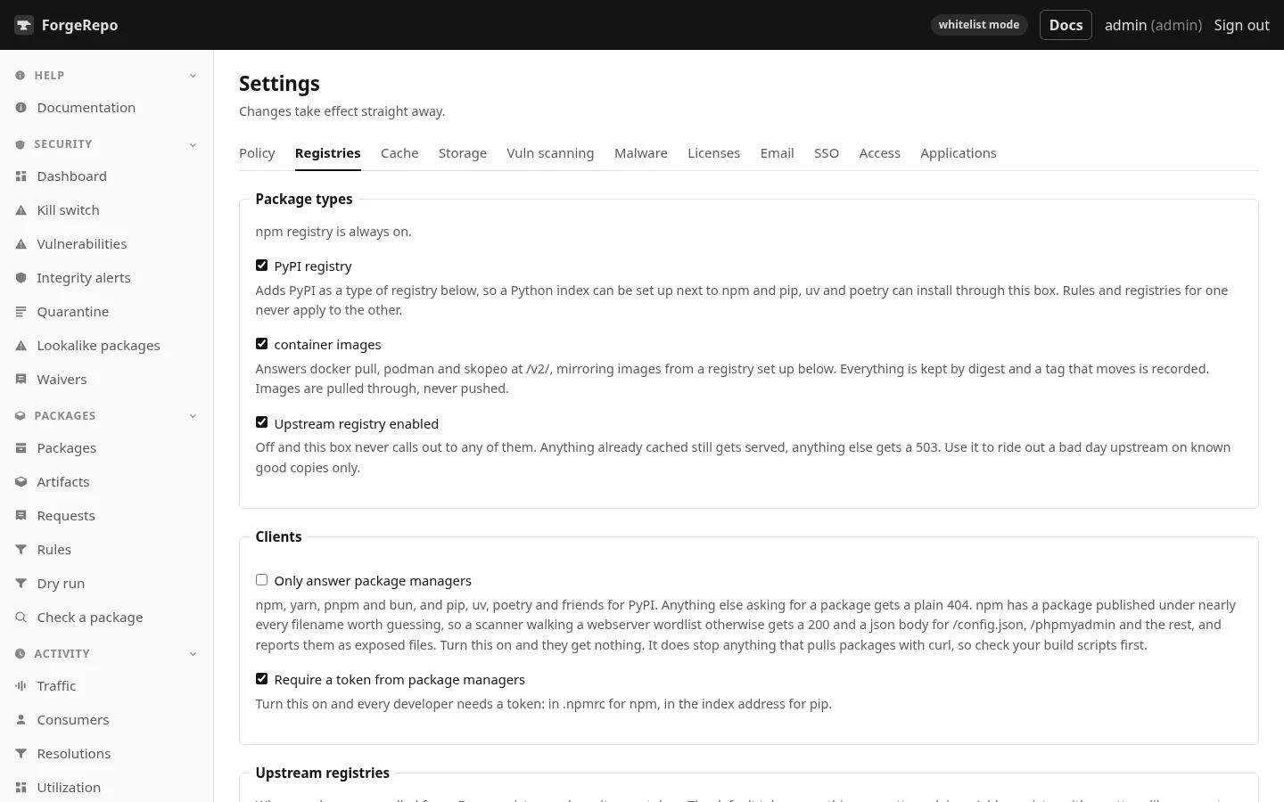 Settings, Registries. Upstream registries with their patterns, and the reserved names beside them.