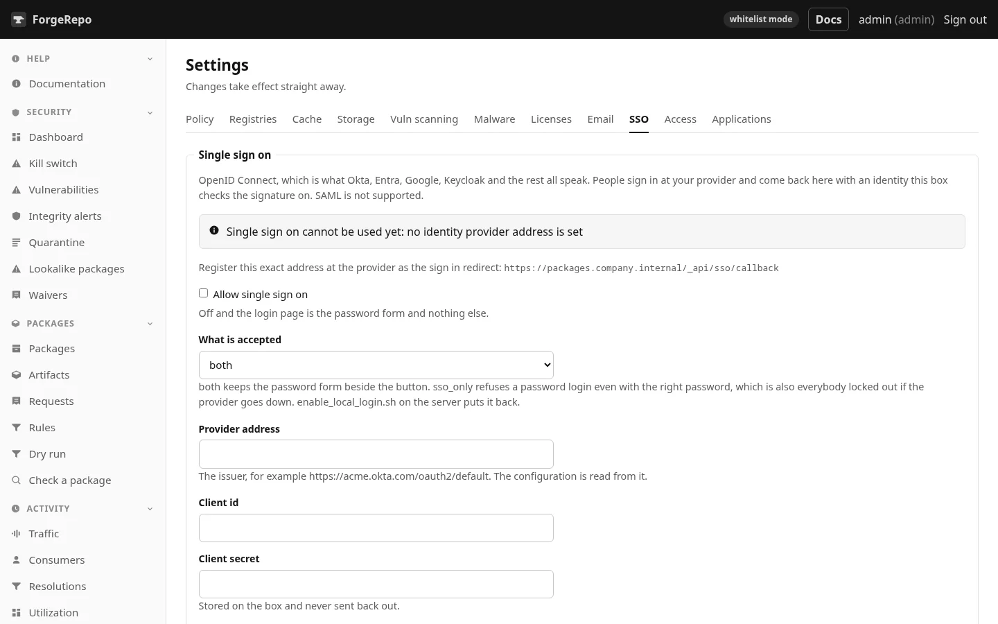 Settings, SSO: OpenID Connect against Okta, Entra ID, Google or Keycloak.