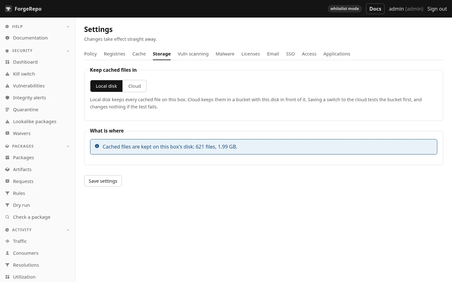 Settings, Storage: local disk or an S3 or Azure bucket.