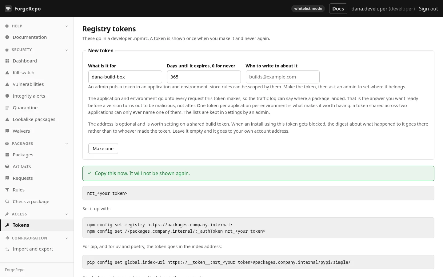 A new token, shown once, with the npm, pip and docker commands to use it.