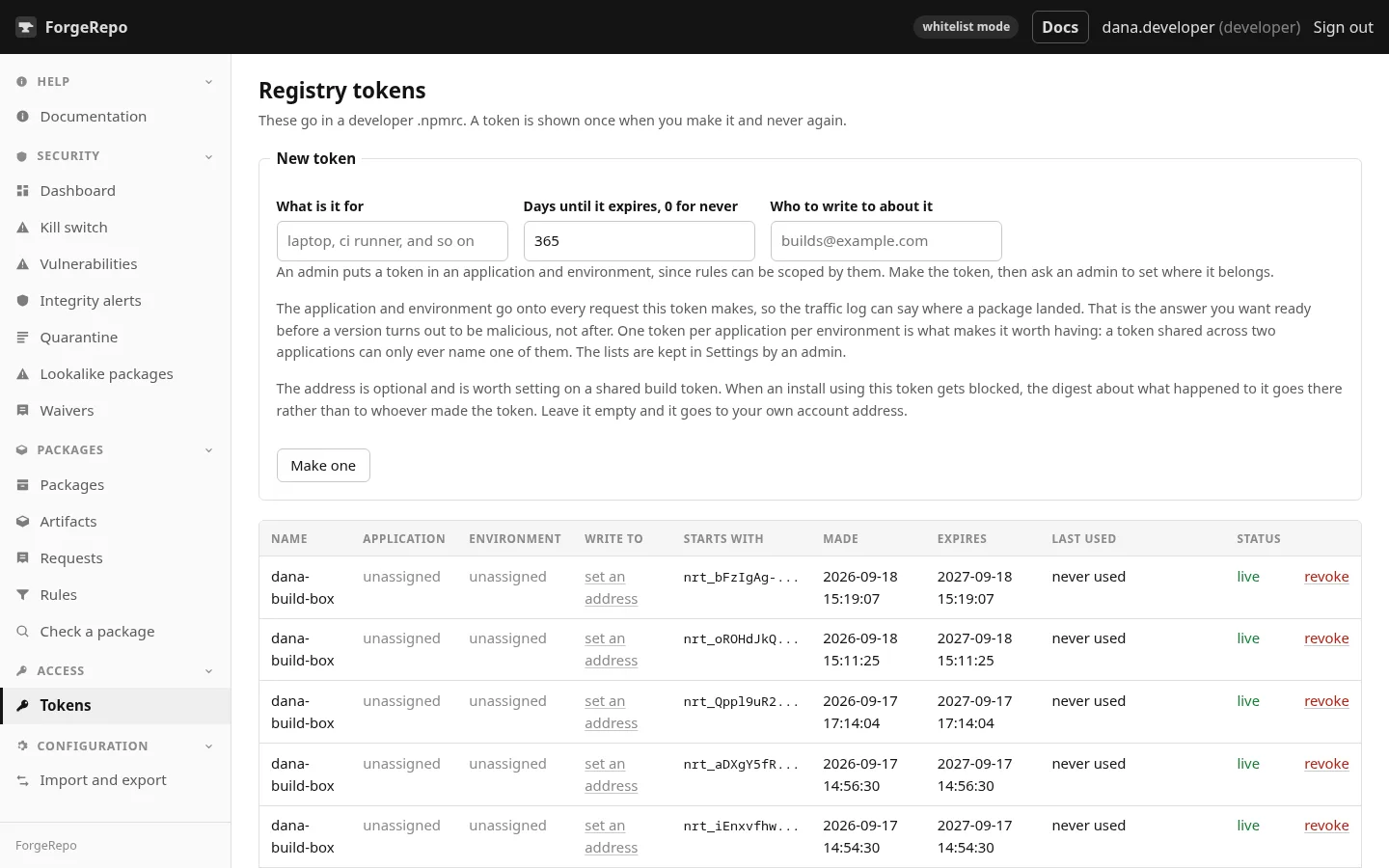 Tokens. Name, expiry and a contact address for shared build tokens.