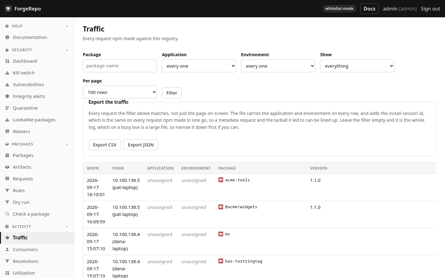 Traffic. Every request, filterable, with the token, application and environment behind it.