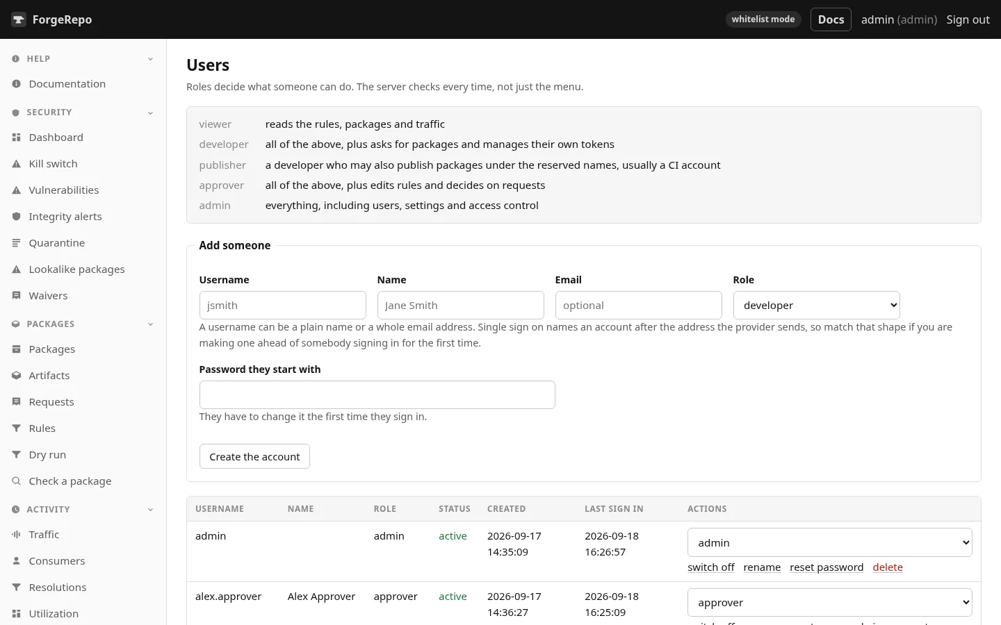 Users and roles. Every check is made by the server, not by the page.