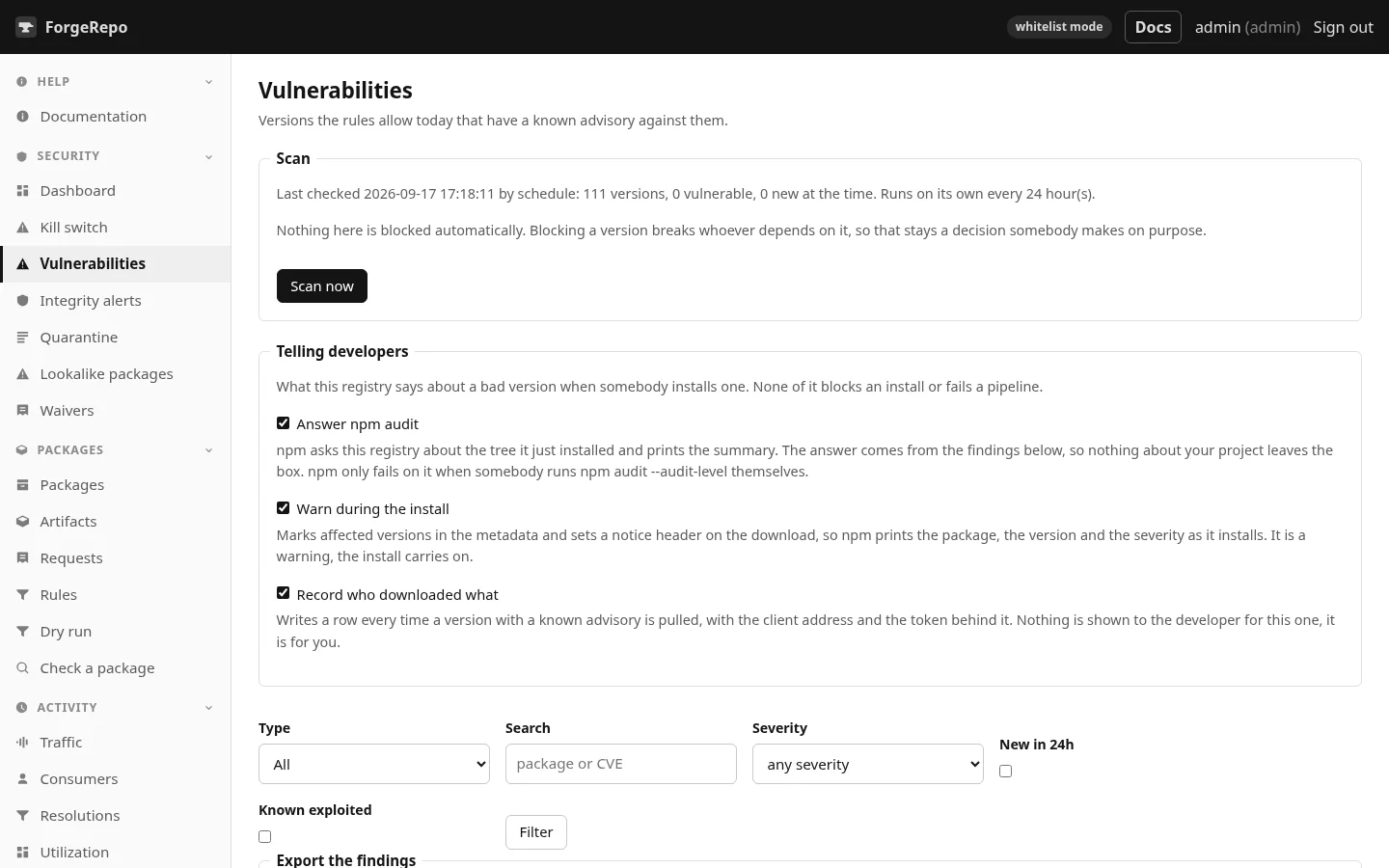 Vulnerabilities, with scan status, the developer switches and the findings list.